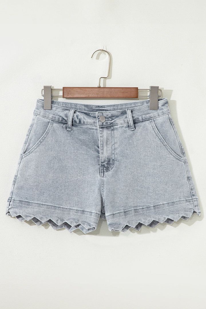 Scalloped Acid Wash High Waist Denim Shorts