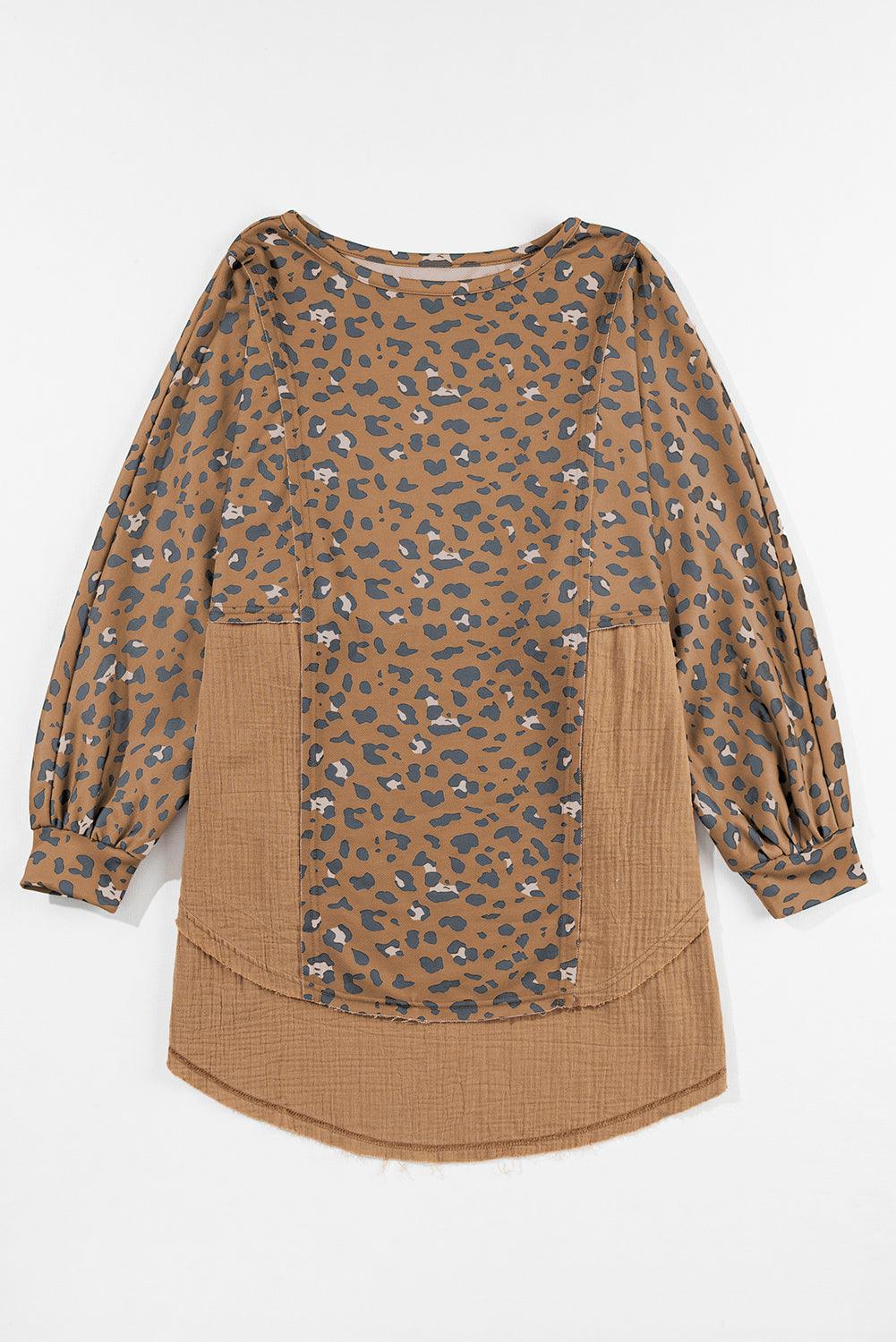 Brown Printed Raw Edge Leopard Patchwork Oversized Blouse