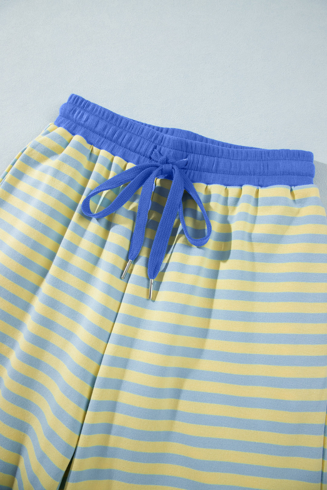 Pink Stripe Colorblock Trim Crew Neck Loose Tee Drawstring Elastic Waist 2pcs Pant Set