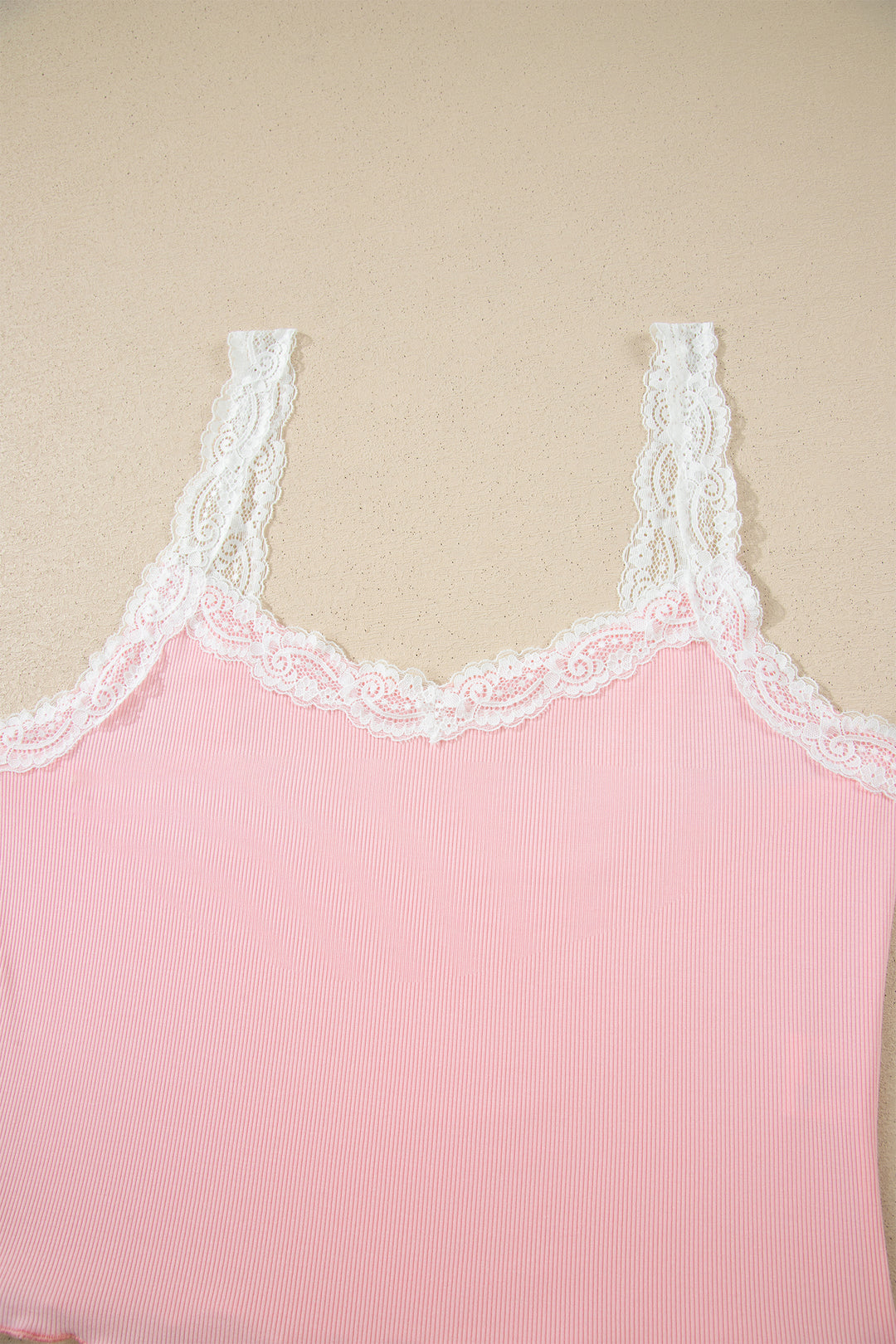 Pink Ribbed Knit Lace Straps Patchwork Lettuce Hem Cropped Top Floral Short Lounge Set