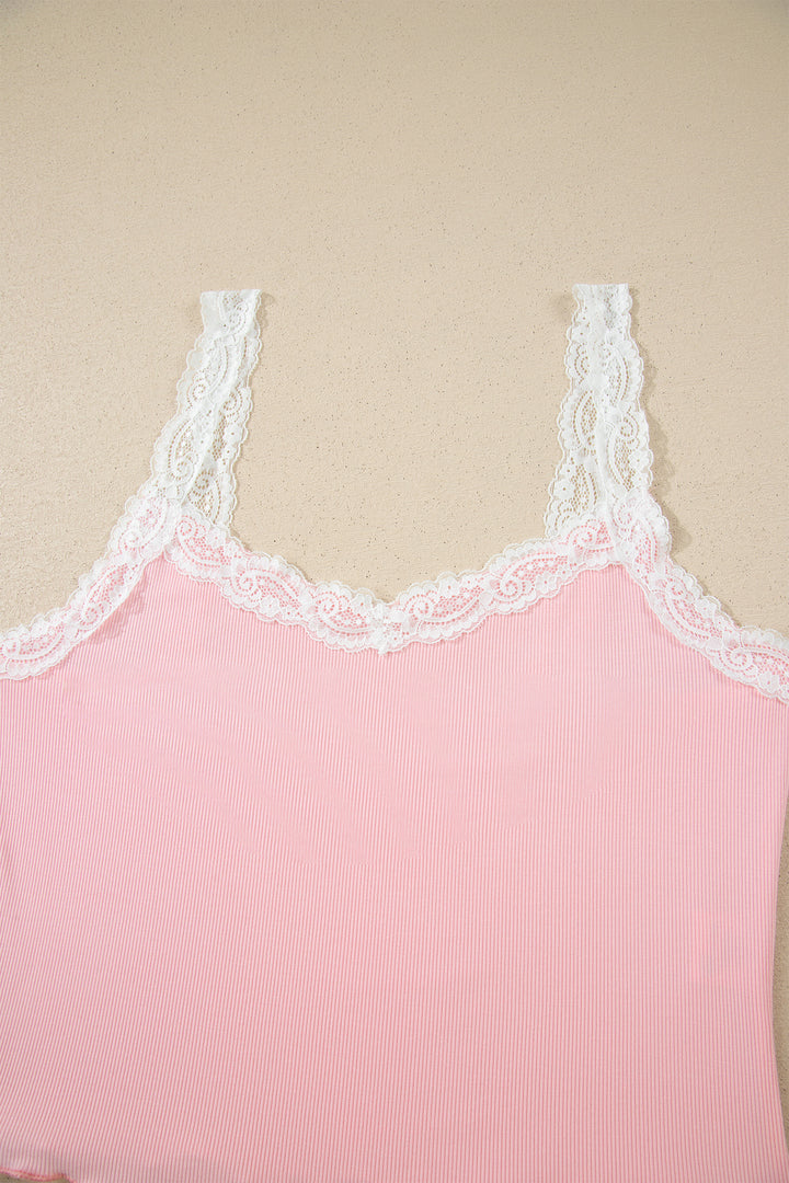 Pink Ribbed Knit Lace Straps Patchwork Lettuce Hem Cropped Top Floral Short Lounge Set