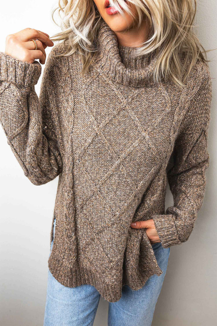 Dark Khaki High Neck Drop Shoulder Cable Knit Regular Length Sweater