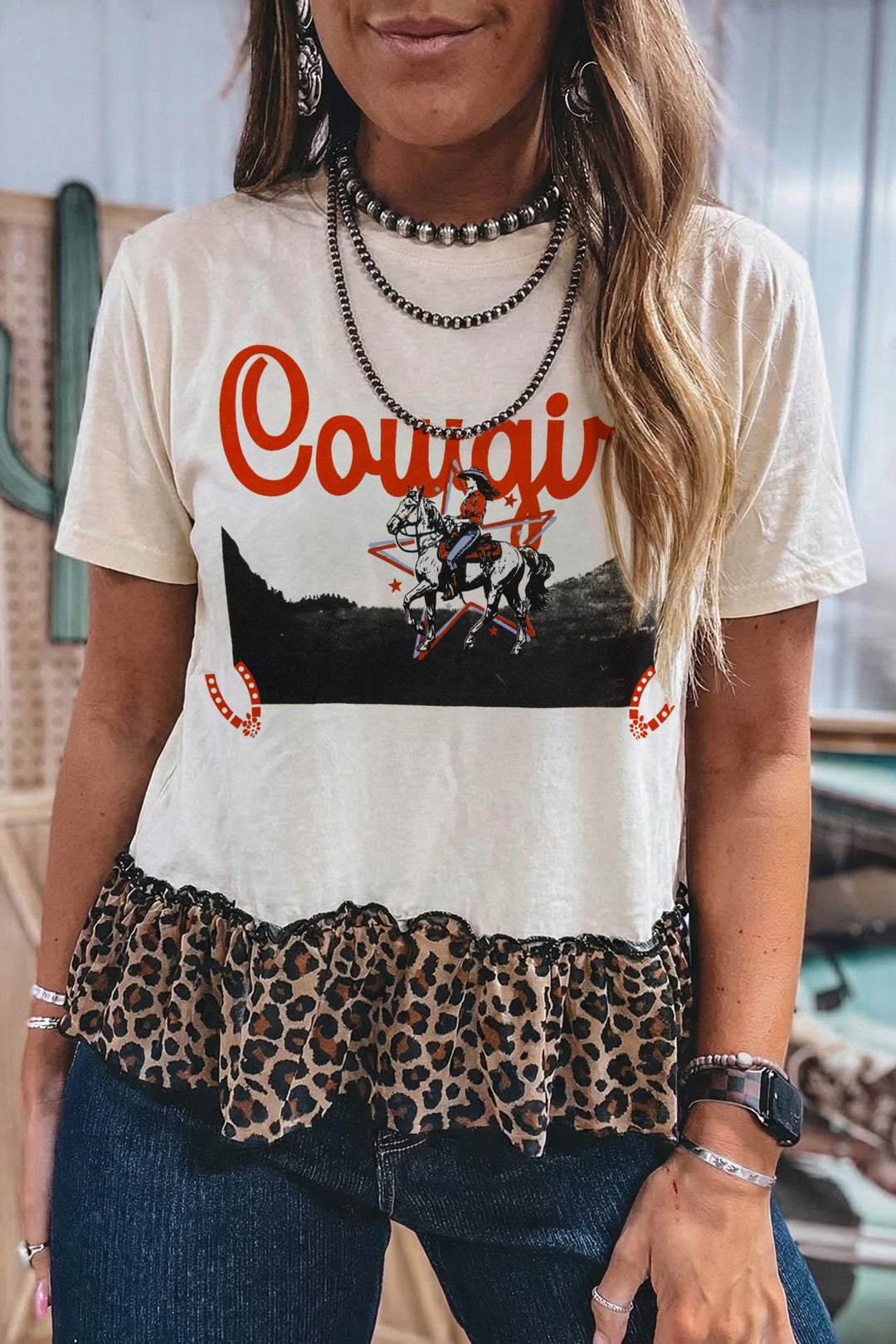 White Retro COWGIRL Print Leopard Ruffle Hem Patchwork T Shirt