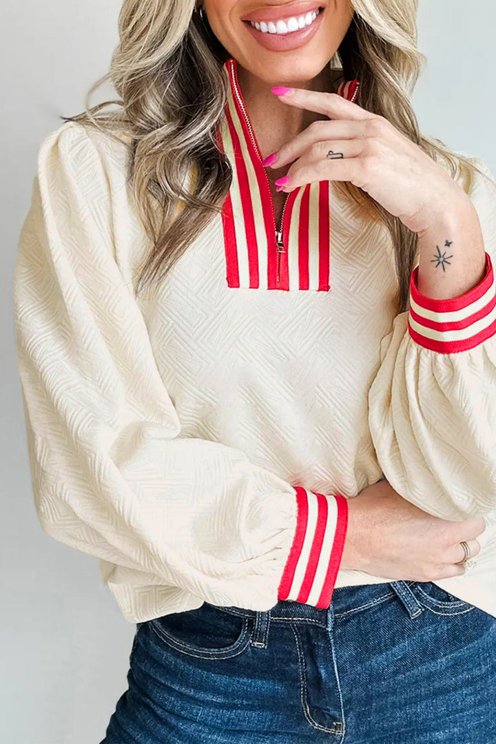 White Textured Knit Contrast Striped Accent Zipped Collar Pullover Top