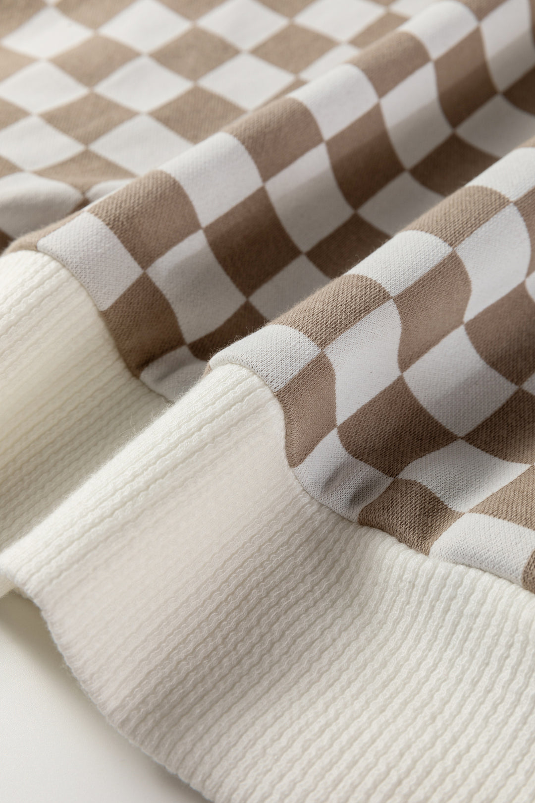 Khaki Checkered Print Quarter Zip Ribbed Patchwork Loose Sweatshirt