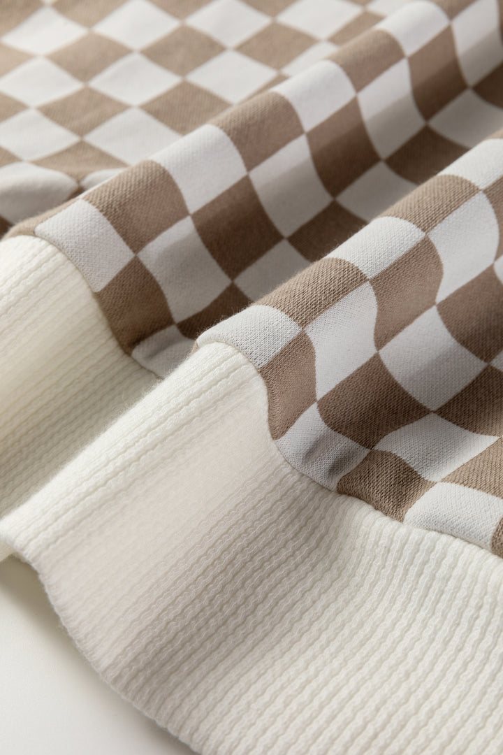 Khaki Checkered Print Quarter Zip Ribbed Patchwork Loose Sweatshirt