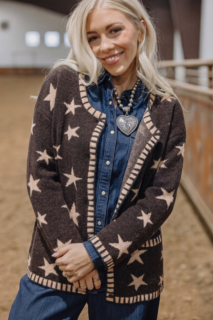 Brown Stars Pattern Colorblock Long Sleeve Shift Cardigan