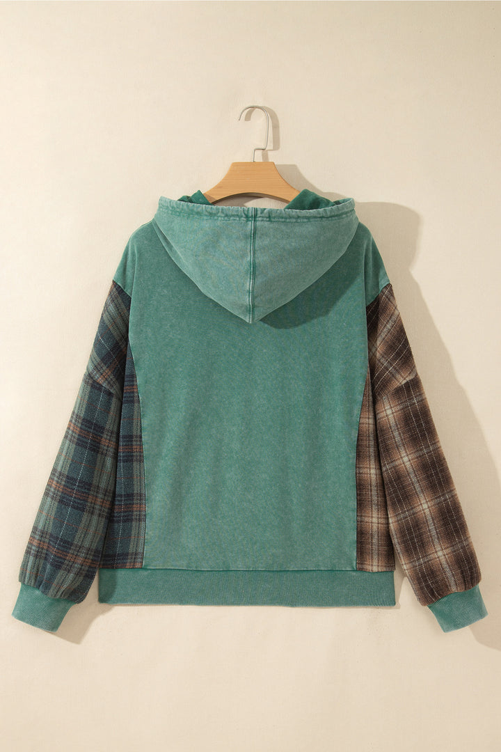 Smoke Green Plaid Colorblock Hoodie
