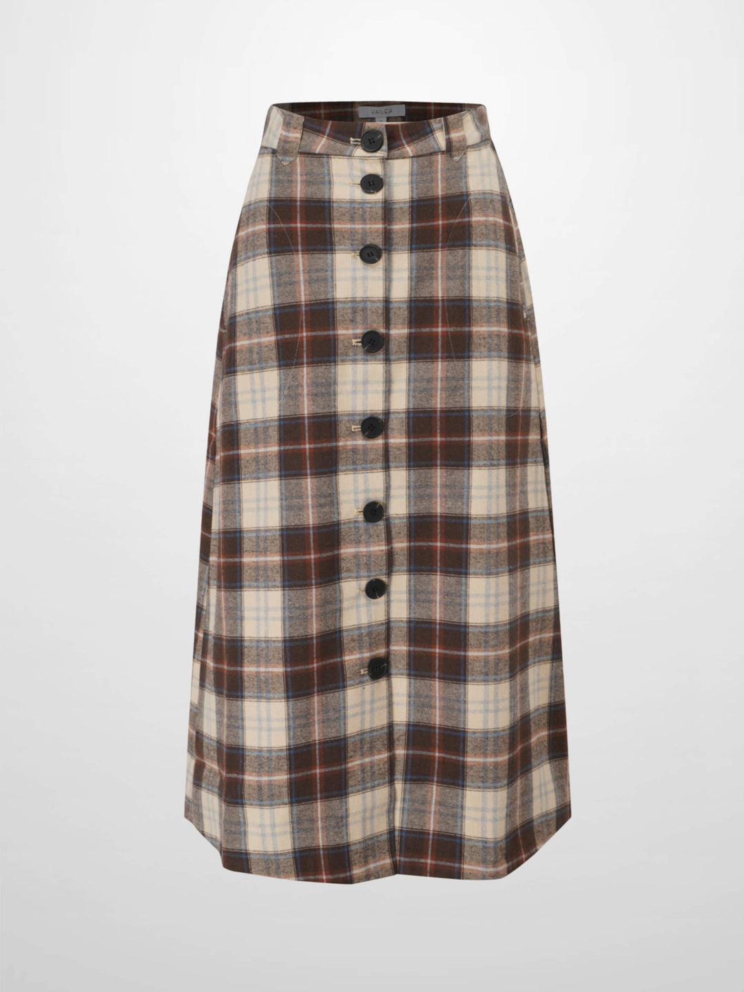 Plaid Button Down A-Line Skirt-Ivory/Tan/Brown