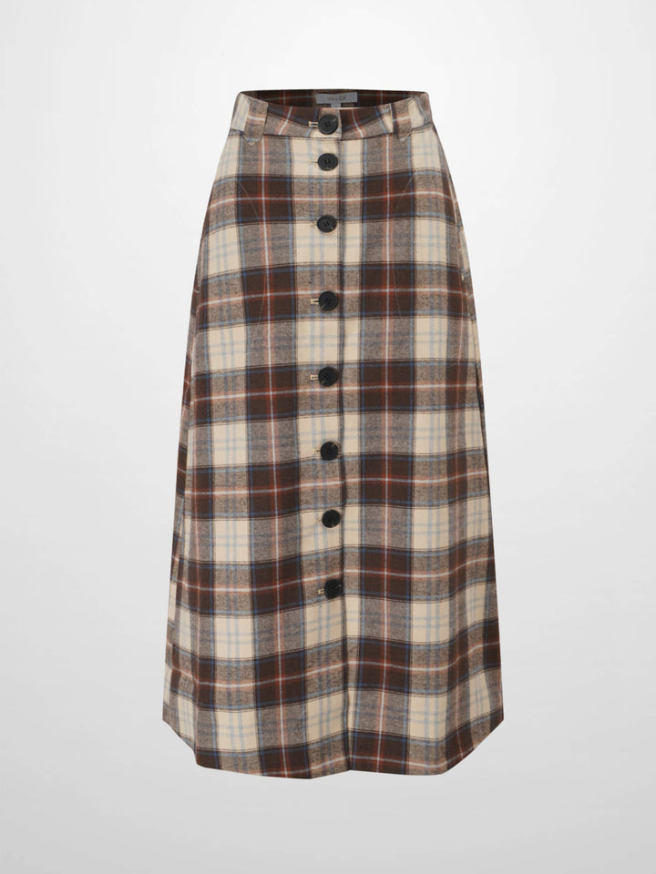 Plaid Button Down A-Line Skirt-Ivory/Tan/Brown