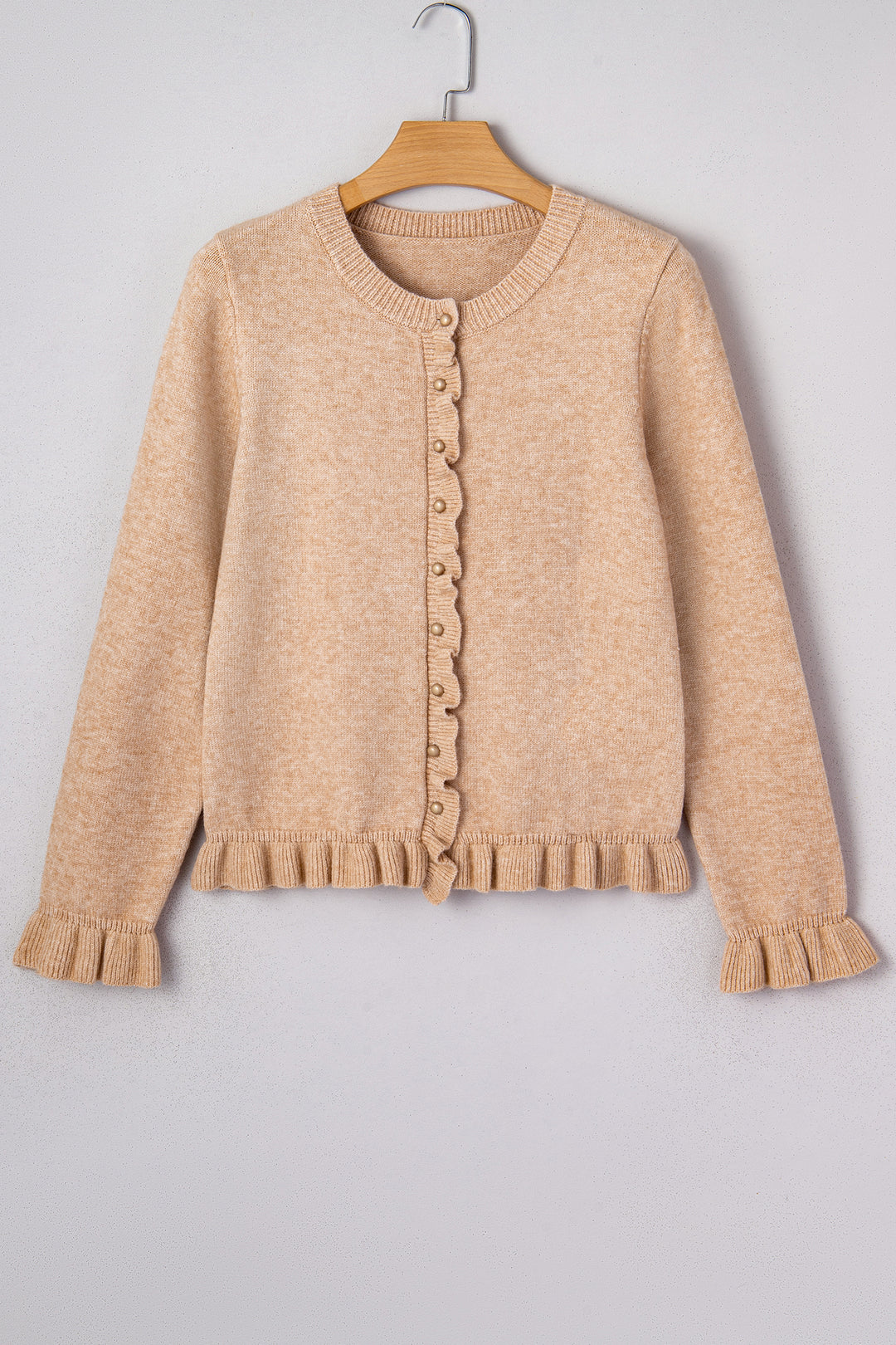 Oatmeal Ruffle Trim Gold Button Sweater Cardigan