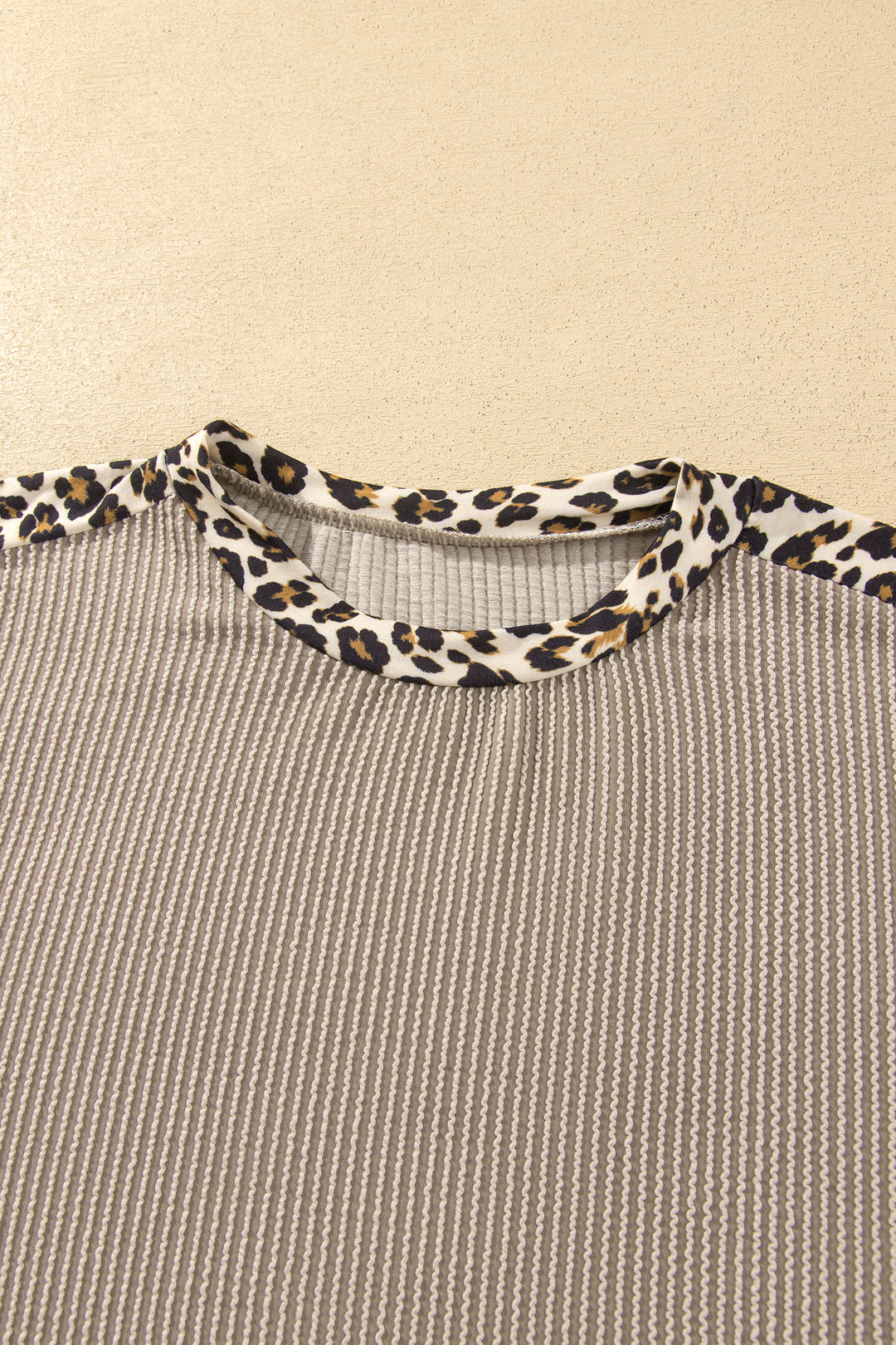 Simply Taupe Cozy Ribbed Patchwork Leopard Trim Long Sleeve 2pcs Pant Set