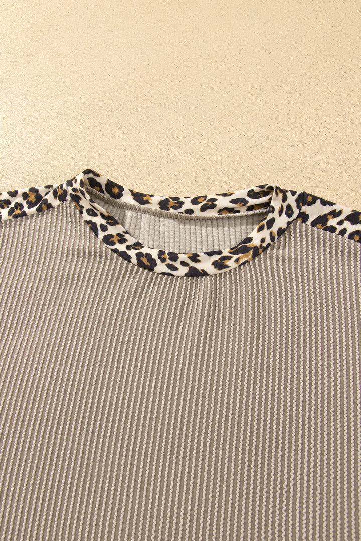 Simply Taupe Cozy Ribbed Patchwork Leopard Trim Long Sleeve 2pcs Pant Set