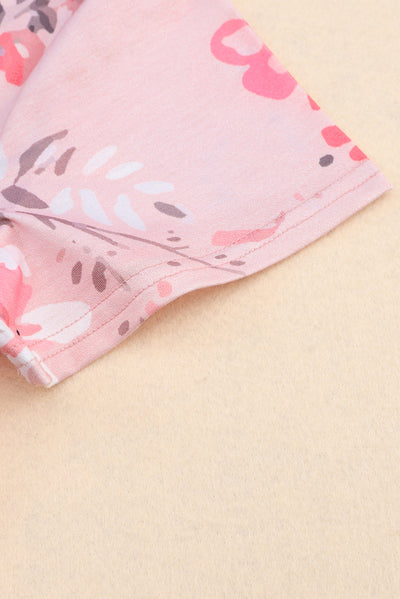 Pink V Neck Floral Print T-shirt