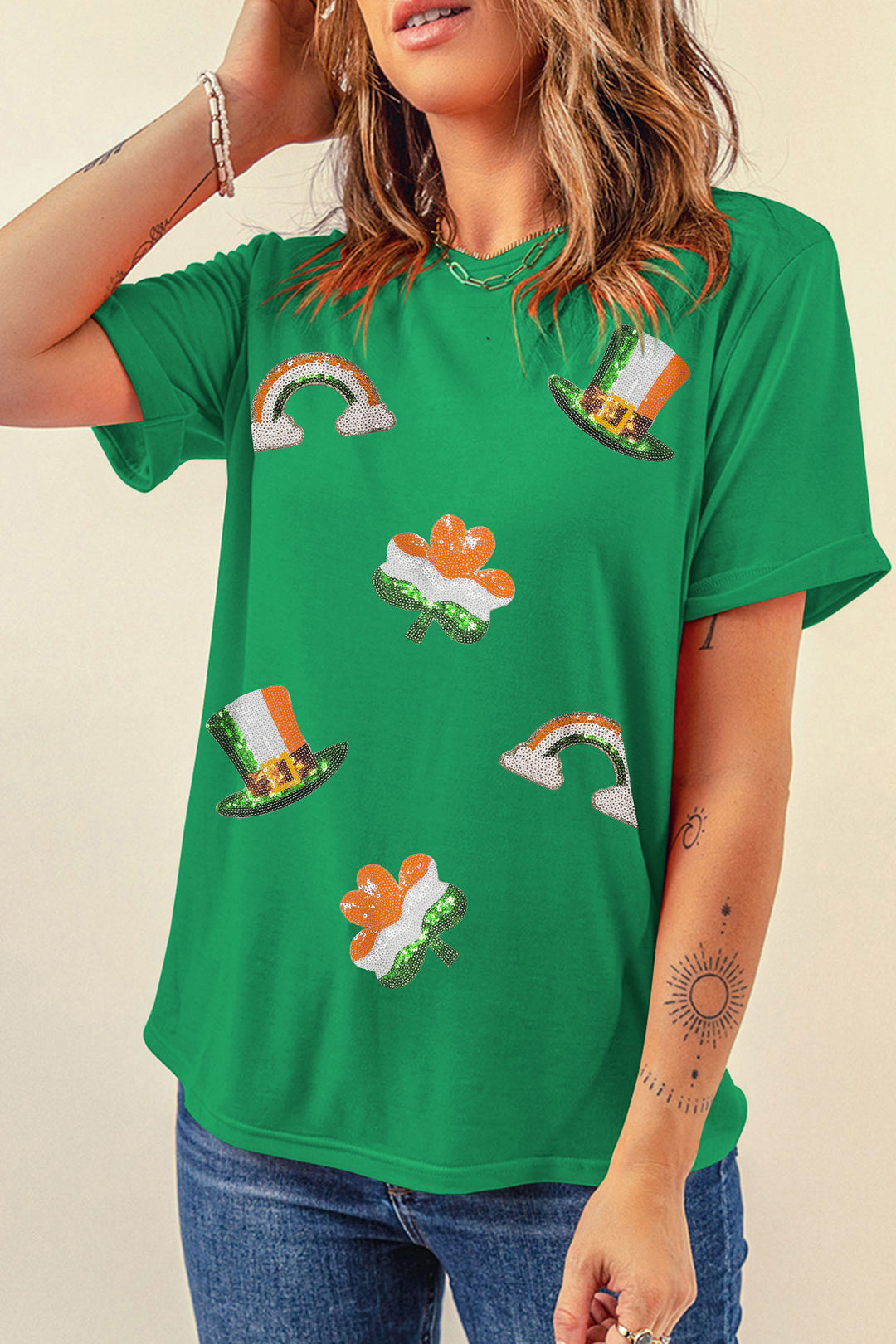 Bright Green St Patricks Day Elements Sequin Graphic Tee