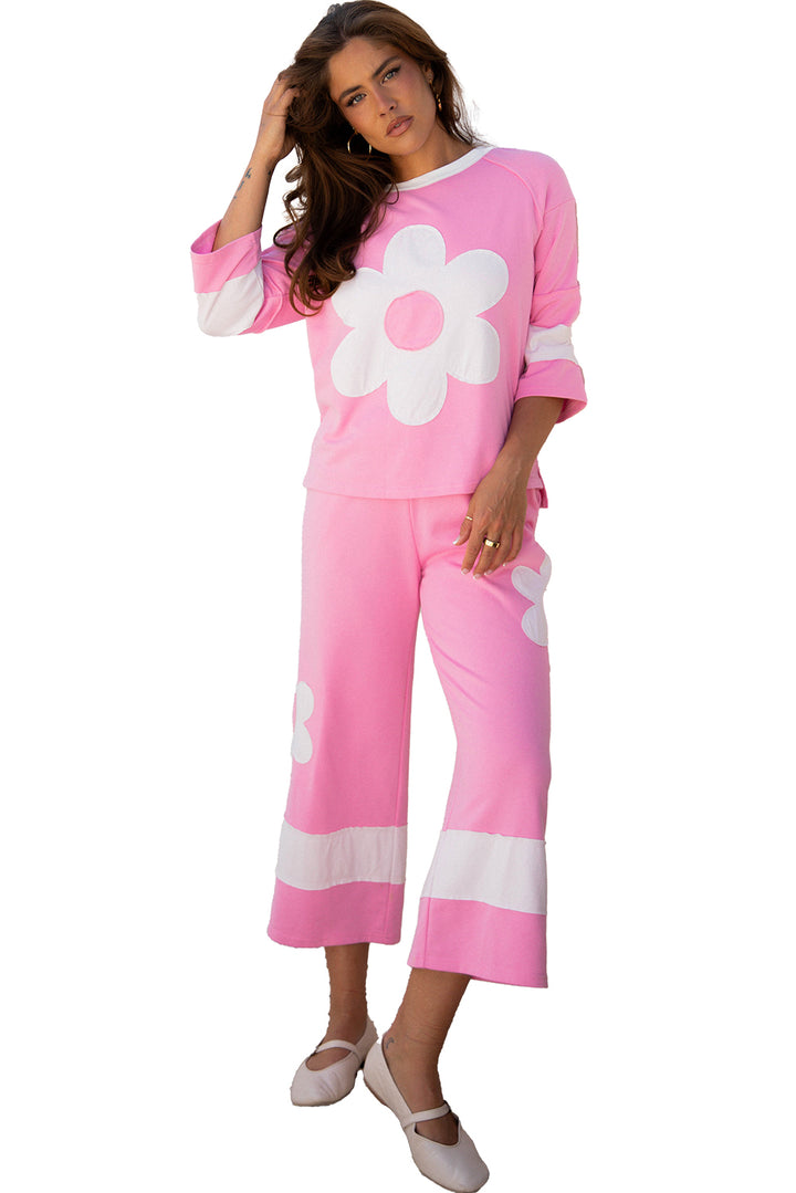 Orchid Bouquet Big Flower Patched Raw Seam Color Block 2 Piece Loose Pant Set