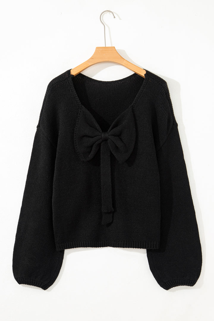 Black Festive Bow Backless Bubble Sleeve Sweater