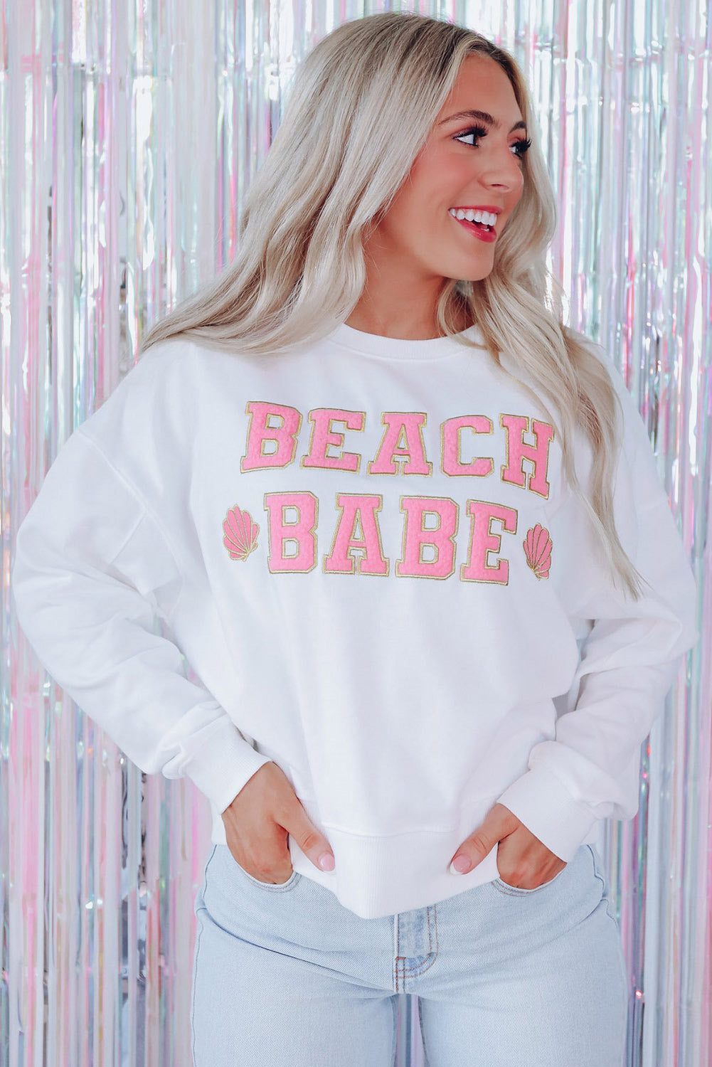 White BEACH BABE Slogan Graphic Casual Sweatshirt