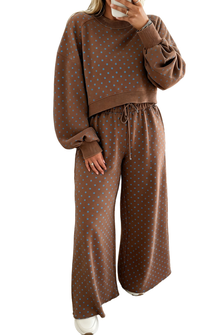 Brown Polka Dot Round Neck Long Sleeve Plus Size Set