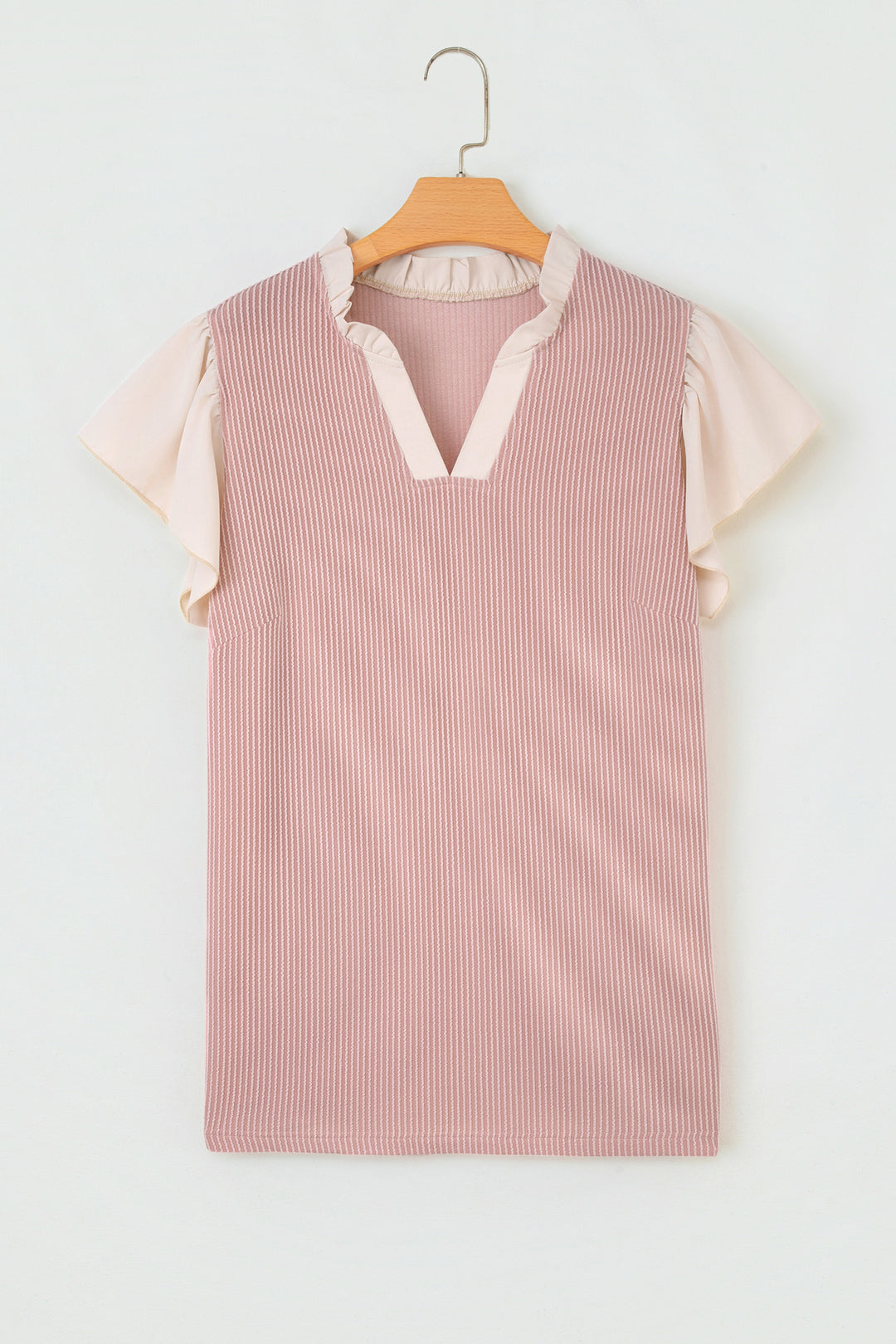 Fushia Plus Size Contrast Frilled Neckline Ruffled Short Sleeve Ribbed Textured Blouse