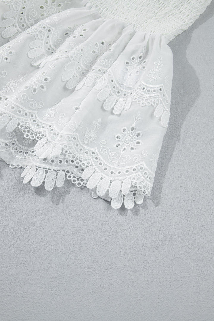 White Sleeveless Smocked Lace Peplum Top