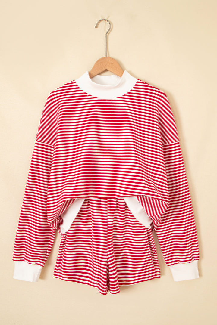 Sky Blue Stripe Oversize Mock Neck Sweatshirt and Shorts Set