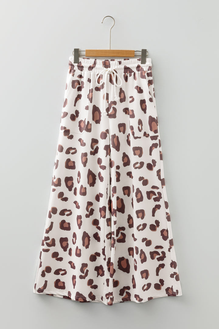 Beige Drawstring Leopard Print Patch Pocket Loose Pants