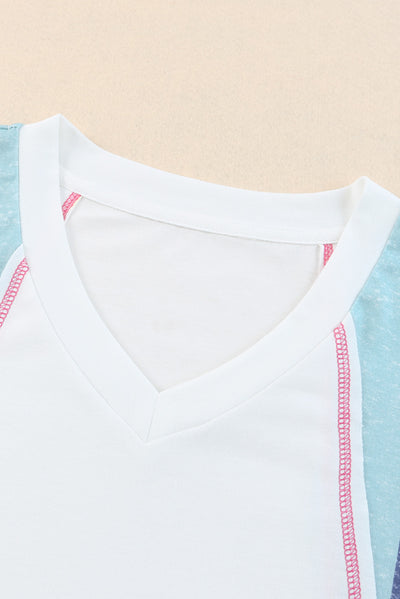 White Stripe Patchwork V Neck T Shirt