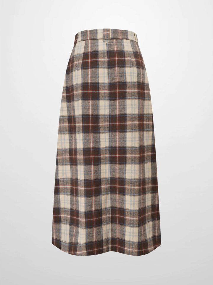 Plaid Button Down A-Line Skirt-Ivory/Tan/Brown