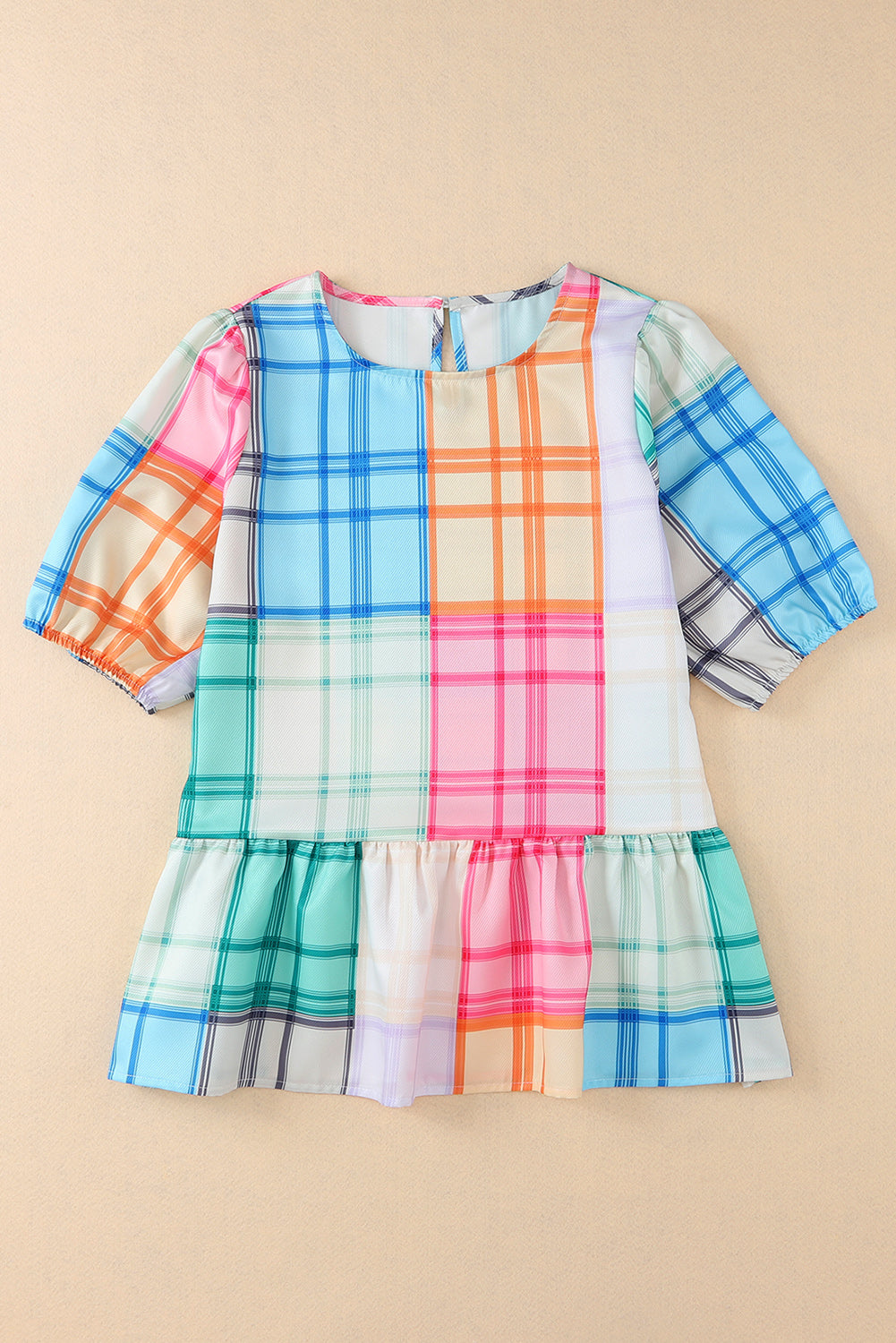 Multicolor Bold Plaid Color Block Puff Sleeve Peplum Top