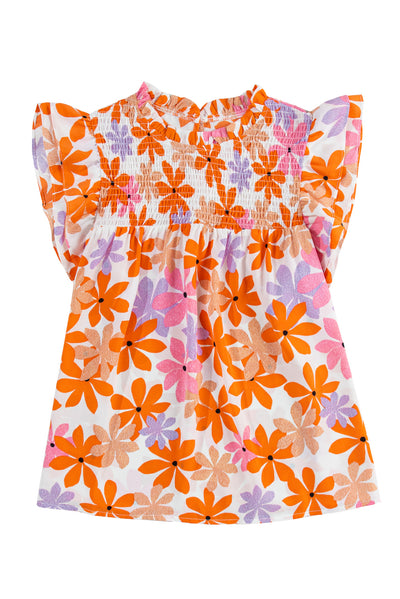 Orange Ruffled Sleeve Smocked Floral Top