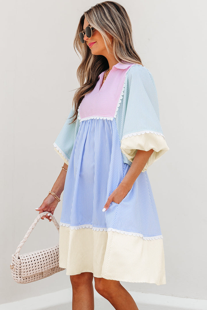 Joelle Striped Ric Rac Puff Sleeve Collared Mini Dress