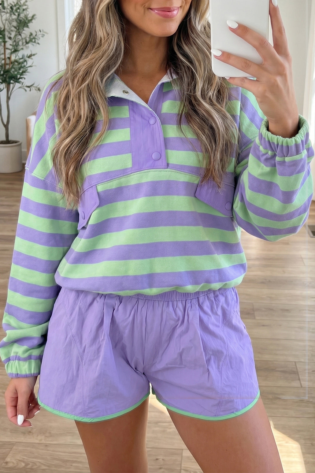 Purple Stripe Snap Button Long Sleeve Henley Top Contrast Shorts Two Piece Set
