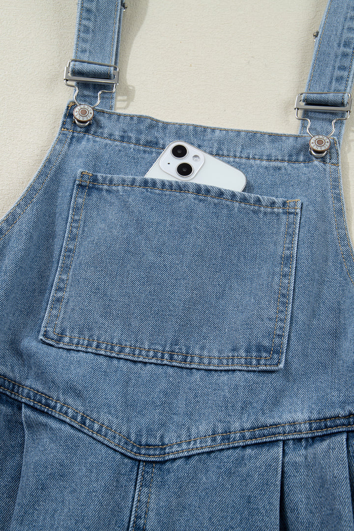Dusk Blue Pleated Wide Leg Retro Pocketed Denim Jumpsuit
