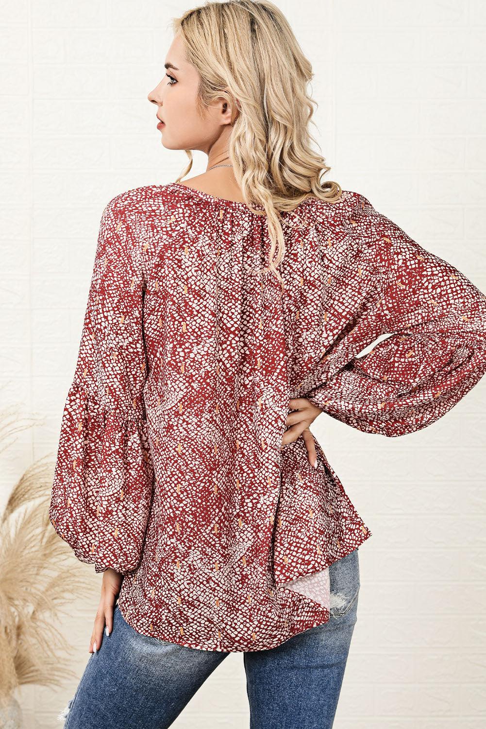 Fiery Red Pleated Lantern Sleeve Abstract Print Blouse