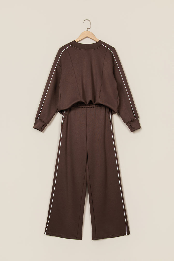 Coffee Sporty Piping Trim Mock Neck Pullover Relaxed 2pcs Pant Set