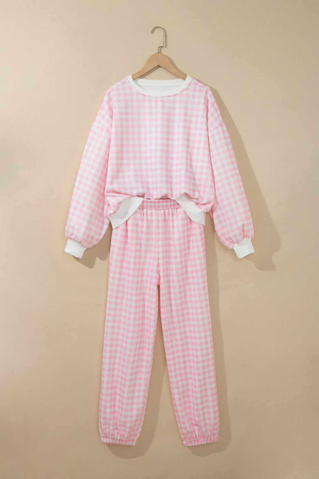 Pink Plaid Long Sleeve Two Piece Pant Set