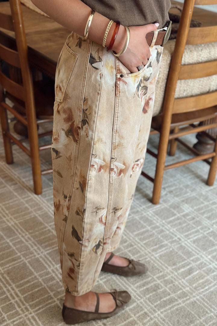 Khaki Retro Floral Print Relaxed Barrel Jeans