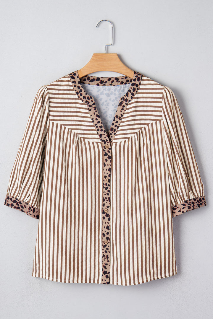 Brown Stripe Leopard Trim V Neck Button Down Half Sleeve Shirt