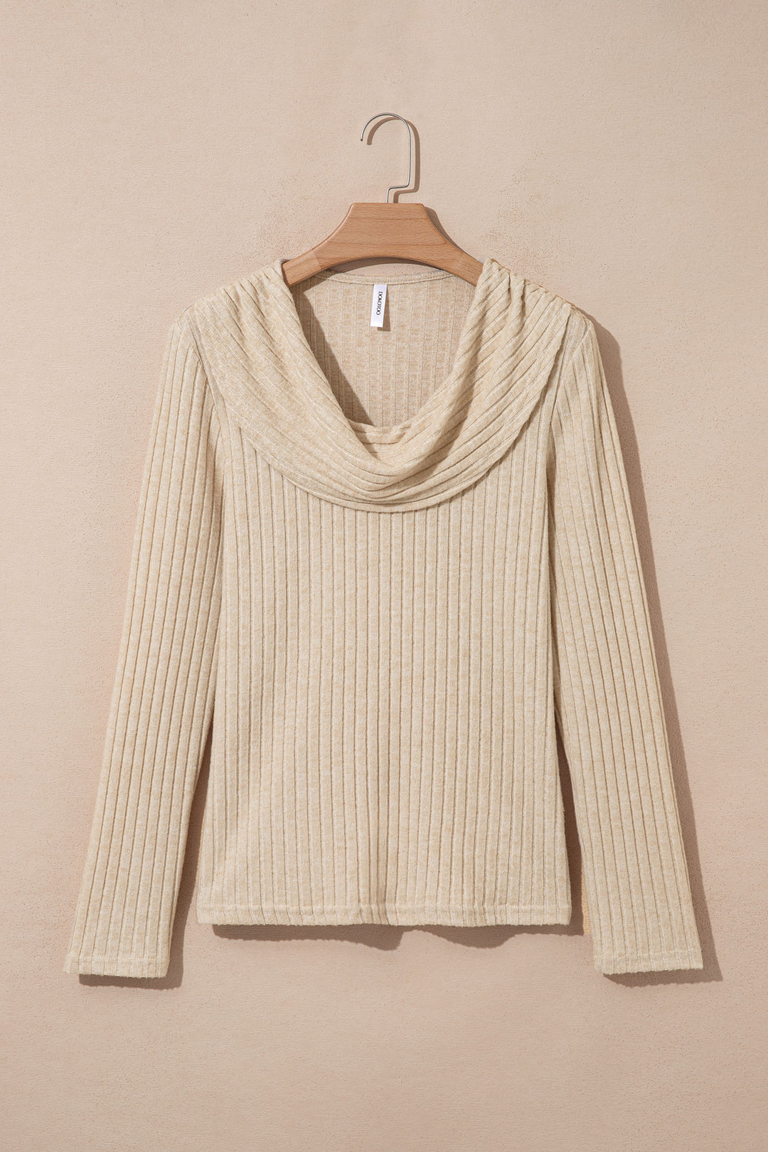 Apricot Solid Color Ribbed Knit Cowl Neck Long Sleeve Top