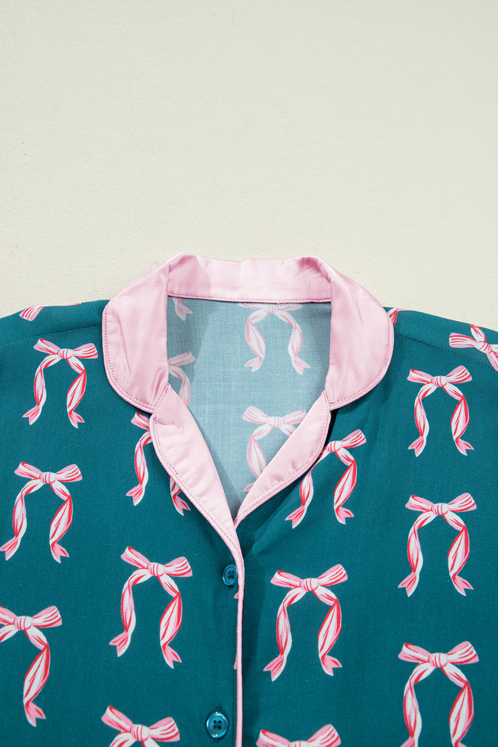 Green Ribbon Bow Print Silky Long Sleeve Shirt and Shorts 2pcs Pajama Set