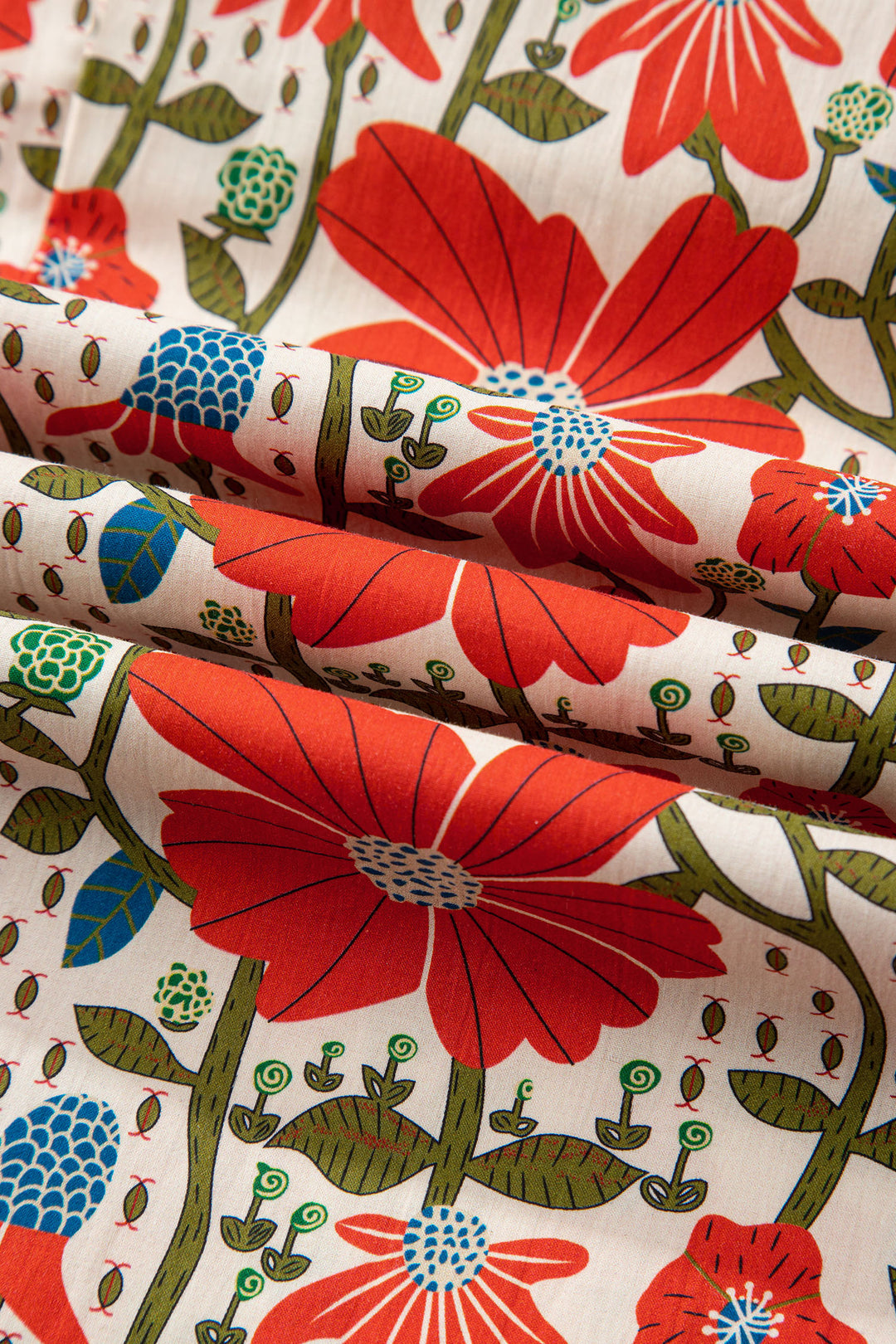 Red Floral Print Ricrac Trim V Neck 3/4 Sleeve Loose Mini Dress