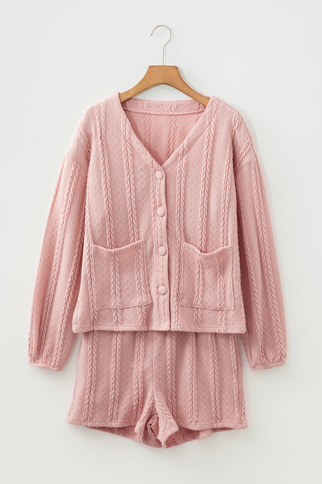 Gossamer Pink Cable Knit V Neck Cardigan Shorts Set