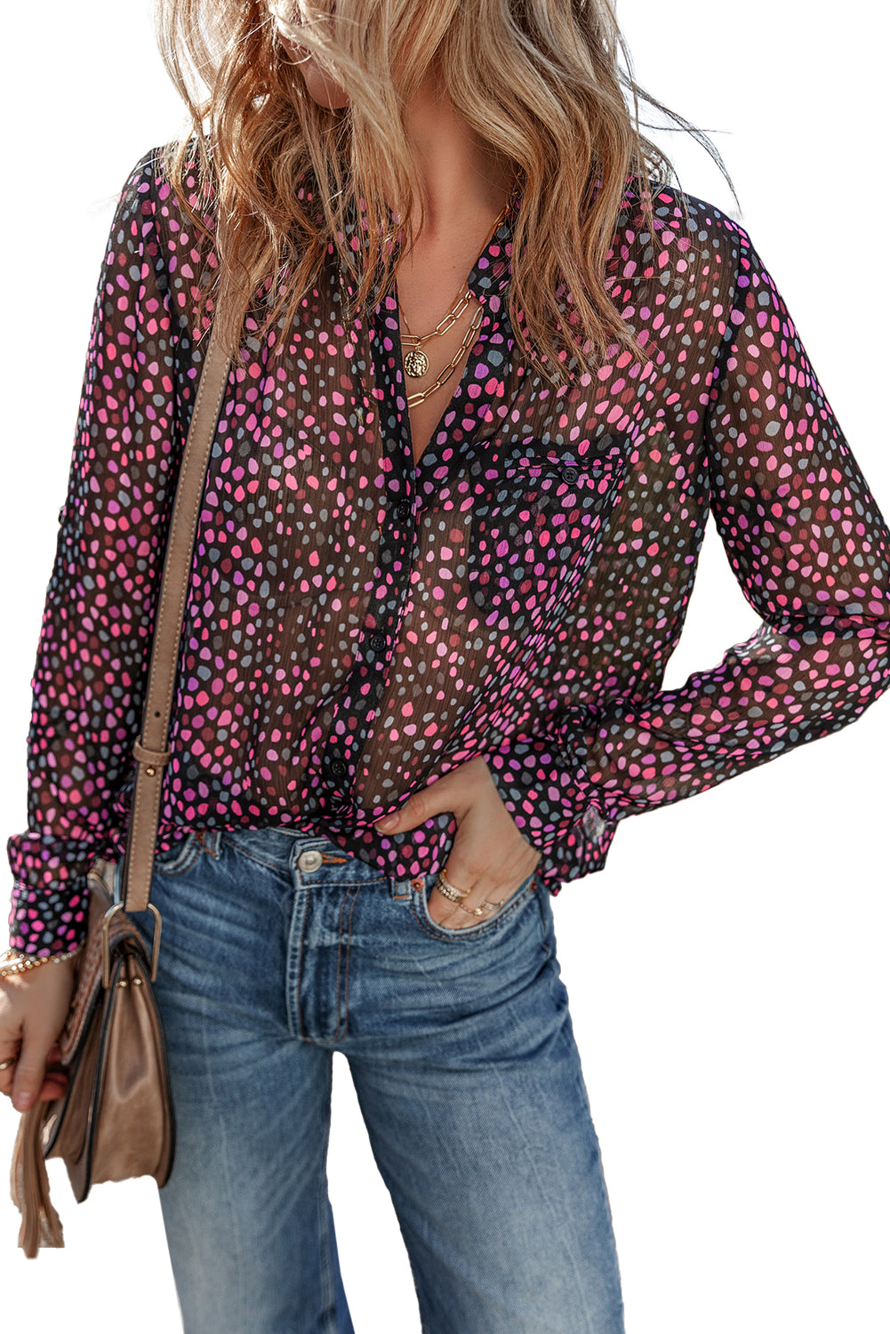 Grape Wine Polka Dot Printed Buttoned Casual Shirt