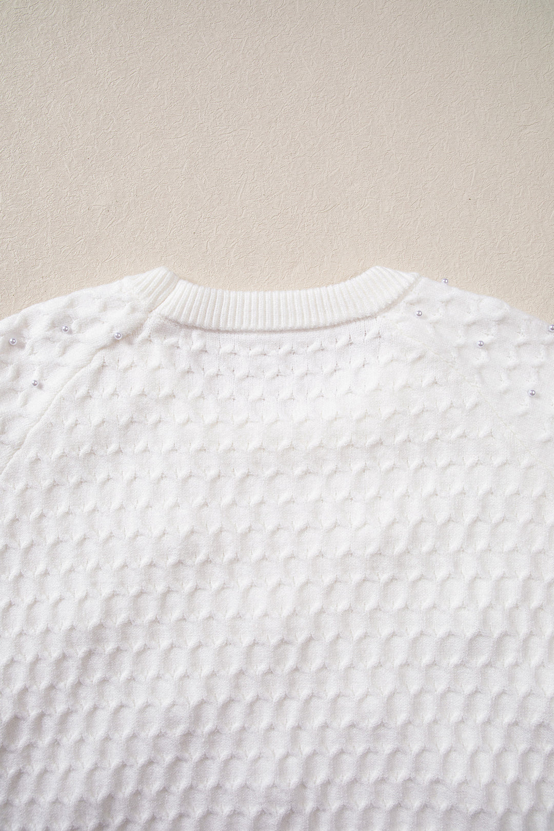 White Solid Textured Knit Pearl Embellished Pullover Sweater