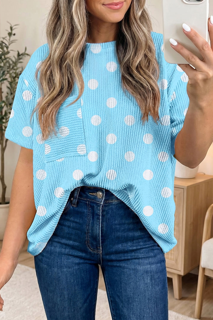 Pink Polka Dot Round Neck Drop Shoulder Patch Pocket Jacquard Texture Top