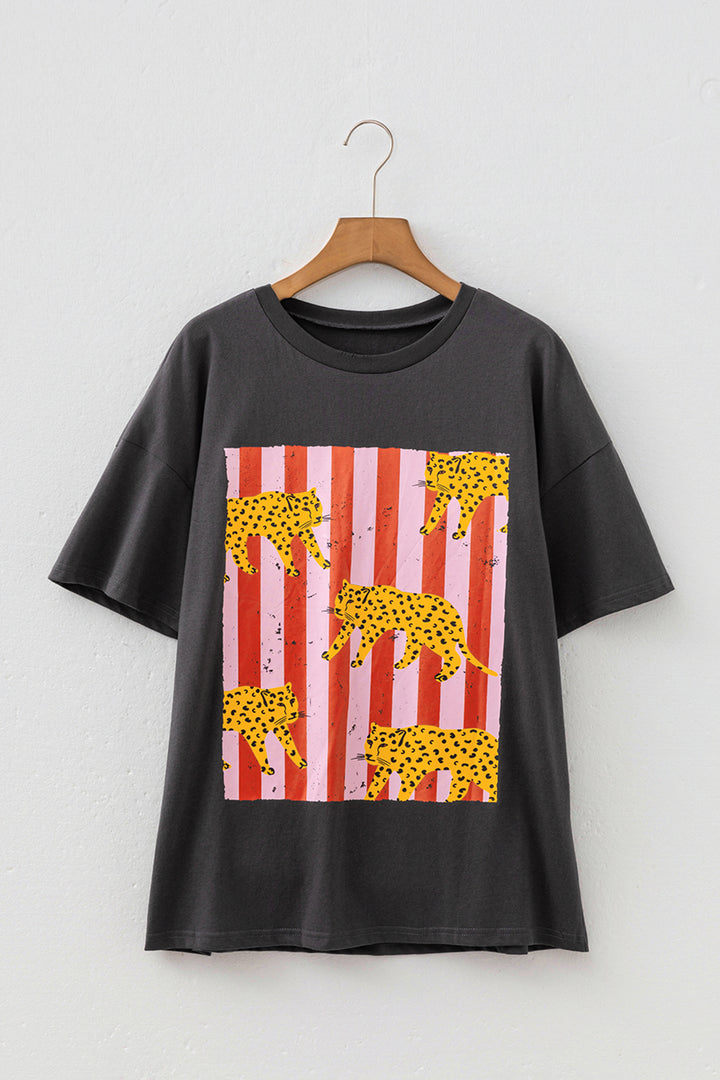 White Cheetah Striped Print Retro Fashion Graphic Tee