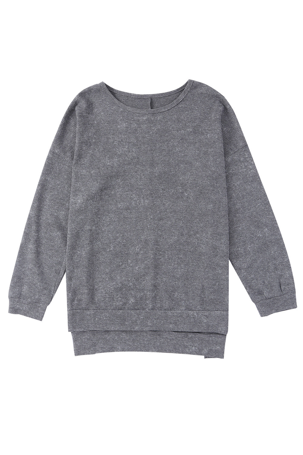 Gray Waffle Knit Side Slit Pullover Top