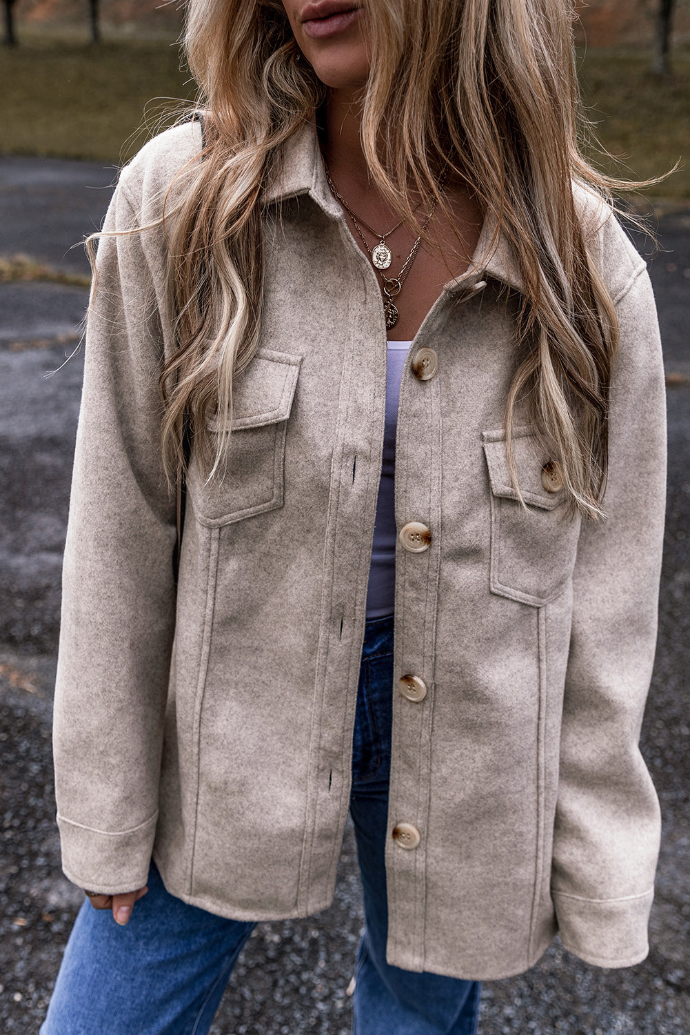 Light Grey Turn Down Collar Flap Pockets Buttoned Shacket