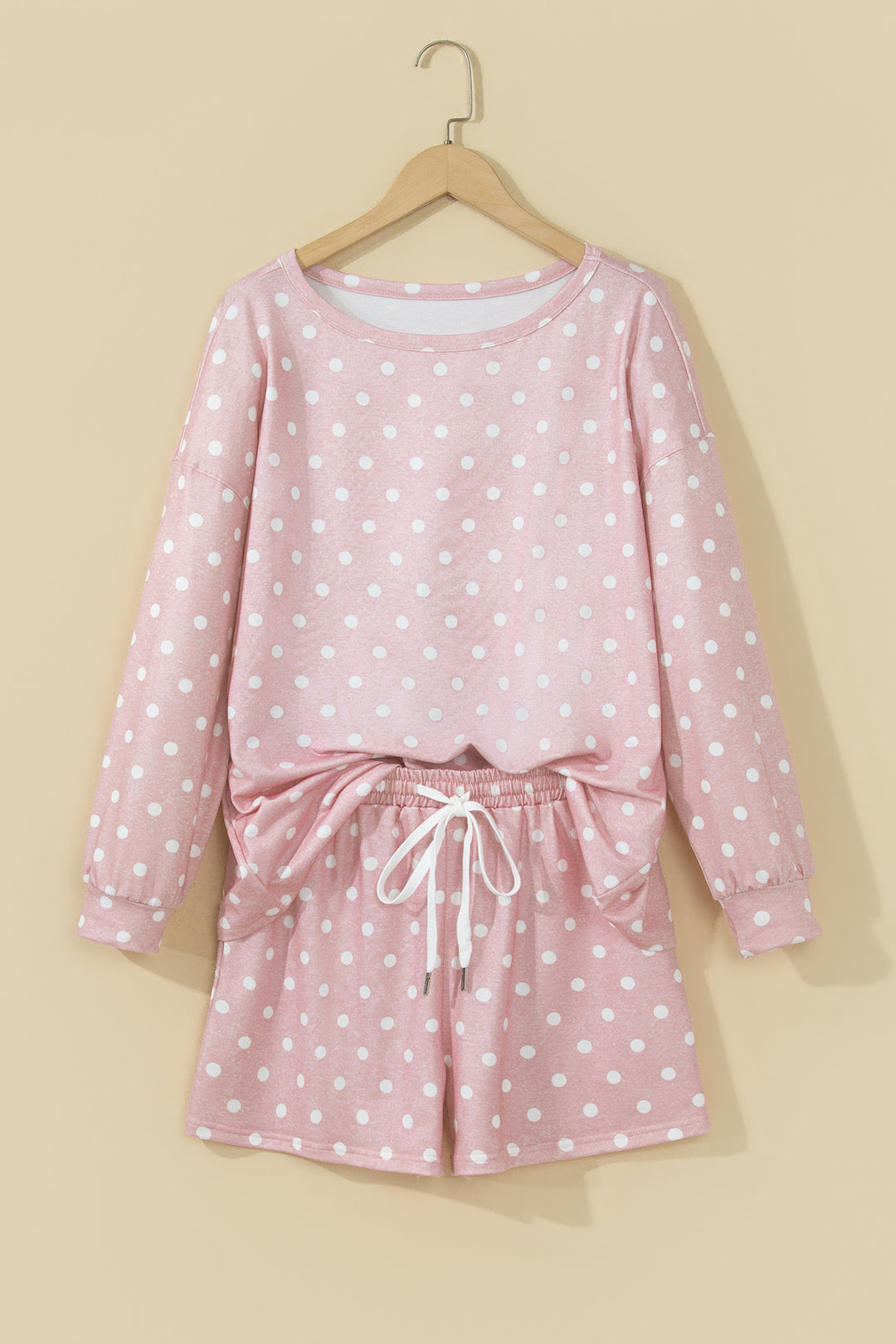 Pink Polka Dot Long Sleeve Top Drawstring Shorts Loose 2pcs Set
